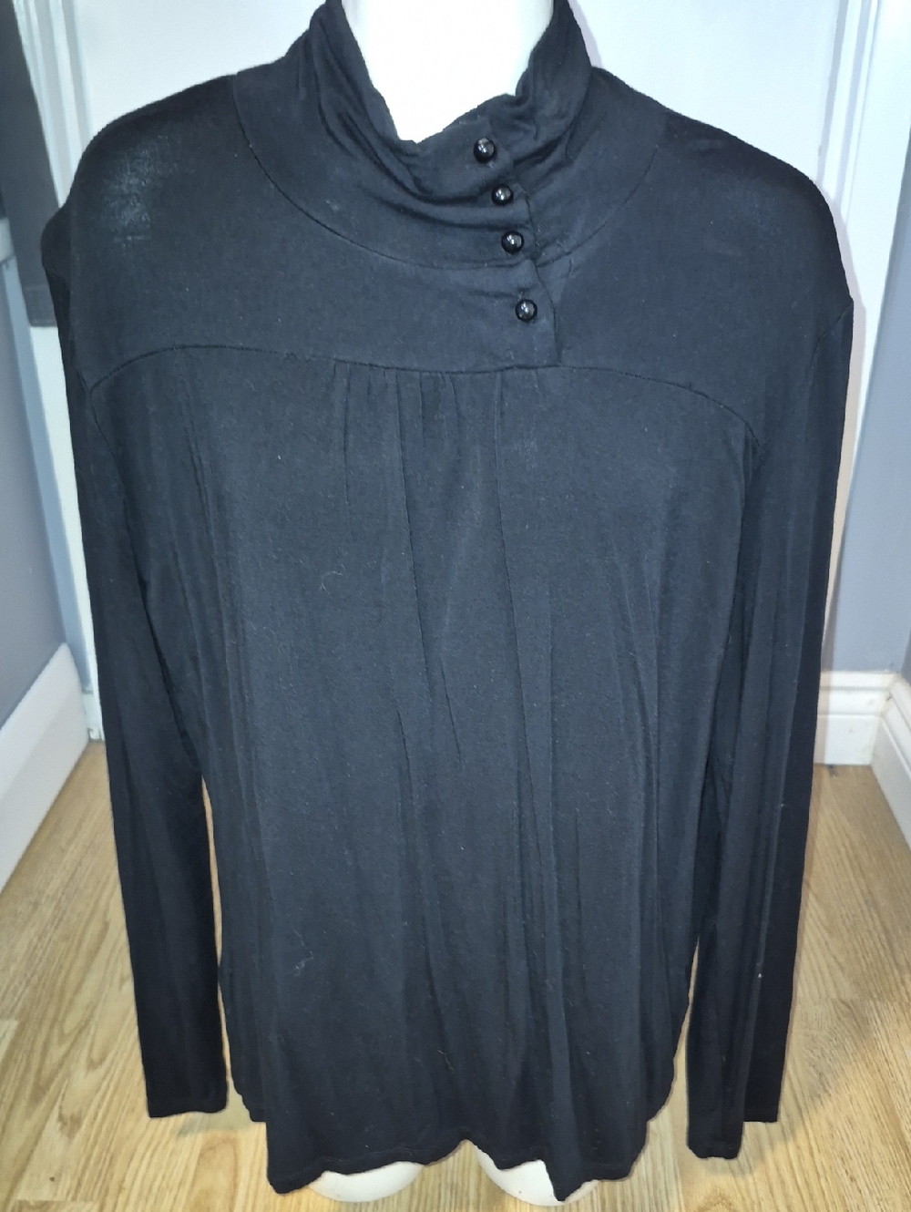 Jessica Black Long-Sleeve Mock Neck Top with Button Placket Size L
